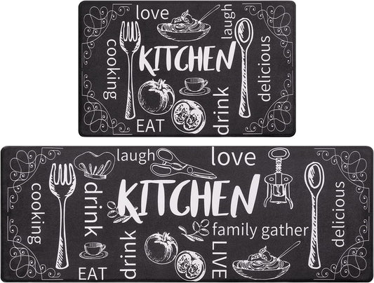 anti Fatigue Kitchen Mat Set of 2 Non Slip Thick Cushioned Kitchen Rug Sets with Runner 17"X48"+17"X28" Heavy Duty Comfort Standing Mats Waterproof Kitchen Carpet