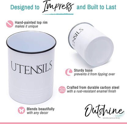 Large Kitchen Utensil Holder and Farmhouse Decor with Matching Salt and Pepper Shakers, White | Chic Vintage Cooking Utensils Holder | Ideal Gift for Women, Wife, Mom, Girlfriend