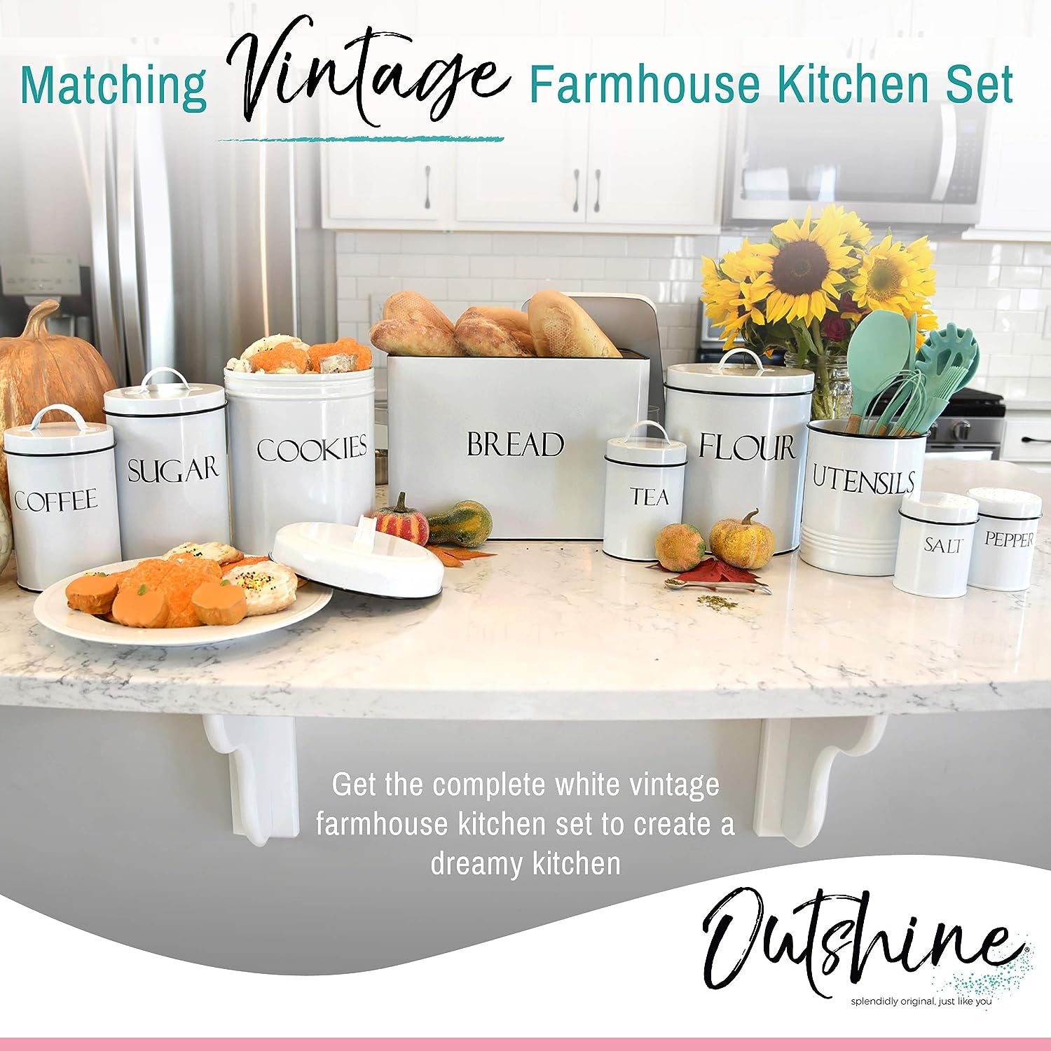 Large Kitchen Utensil Holder and Farmhouse Decor with Matching Salt and Pepper Shakers, White | Chic Vintage Cooking Utensils Holder | Ideal Gift for Women, Wife, Mom, Girlfriend