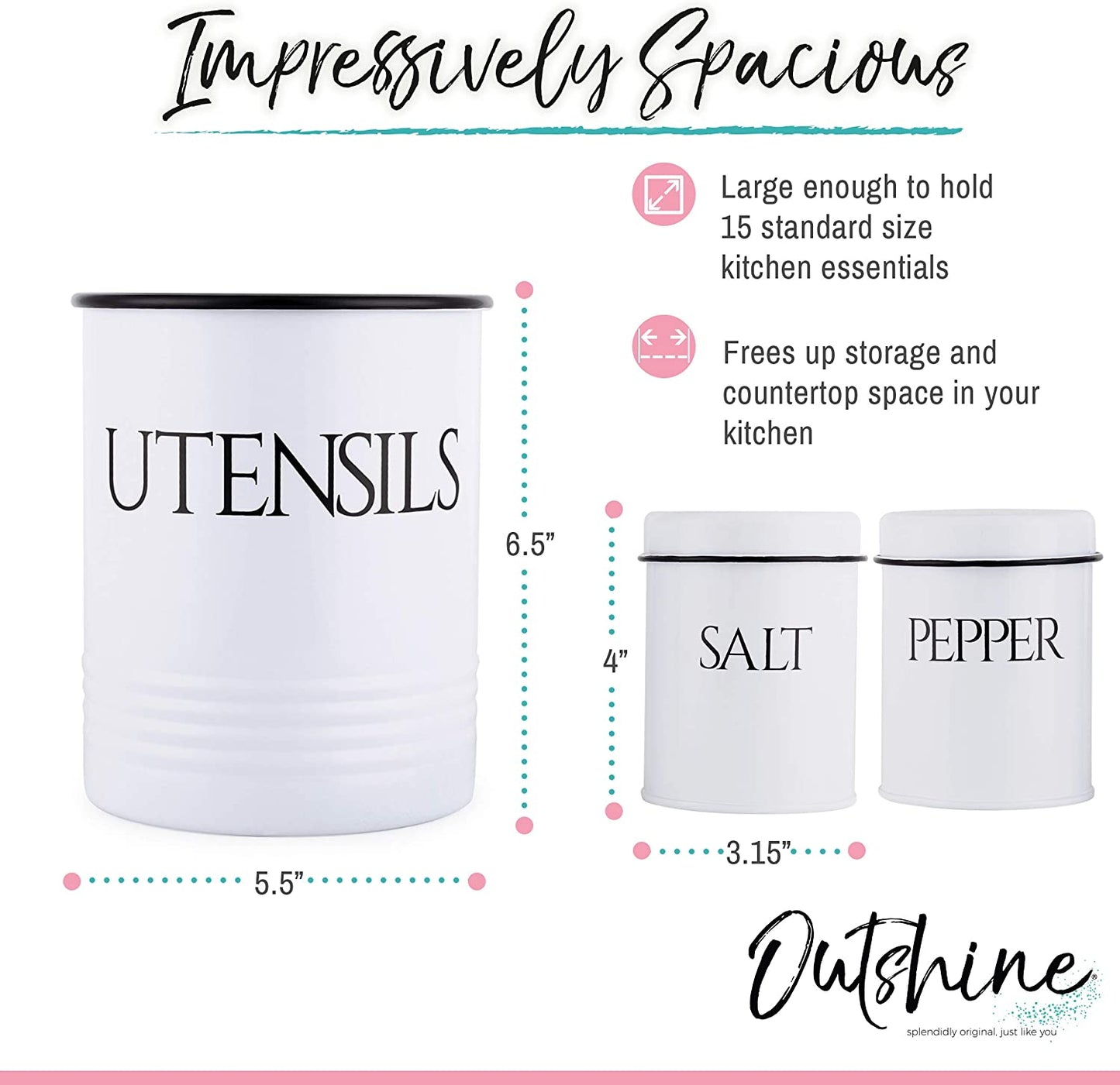 Large Kitchen Utensil Holder and Farmhouse Decor with Matching Salt and Pepper Shakers, White | Chic Vintage Cooking Utensils Holder | Ideal Gift for Women, Wife, Mom, Girlfriend