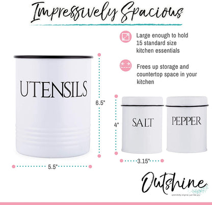 Large Kitchen Utensil Holder and Farmhouse Decor with Matching Salt and Pepper Shakers, White | Chic Vintage Cooking Utensils Holder | Ideal Gift for Women, Wife, Mom, Girlfriend
