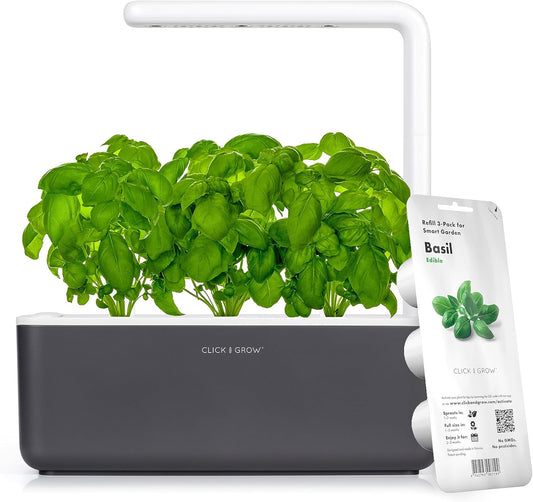 Click & Grow Indoor Herb Garden Kit with Grow Light | Smart Garden for Home Kitchen Windowsill | Easier than Hydroponics Growing System | Vegetable Gardening Starter (3 Basil Pods Included), Grey